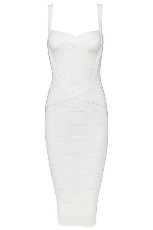 Woman wearing a figure flattering  Heidi Bandage Midi Dress - Pearl White Bodycon Collection