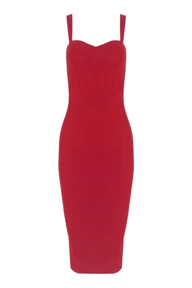 Woman wearing a figure flattering  Heidi Bandage Midi Dress - Red Wine Bodycon Collection