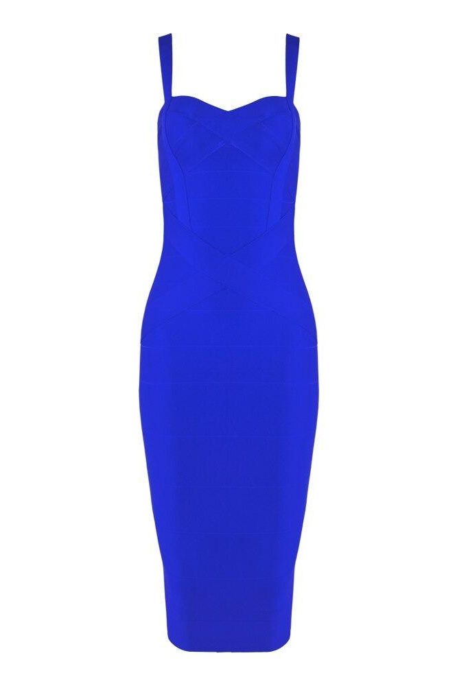 Woman wearing a figure flattering  Heidi Bandage Midi Dress - Royal Blue Bodycon Collection