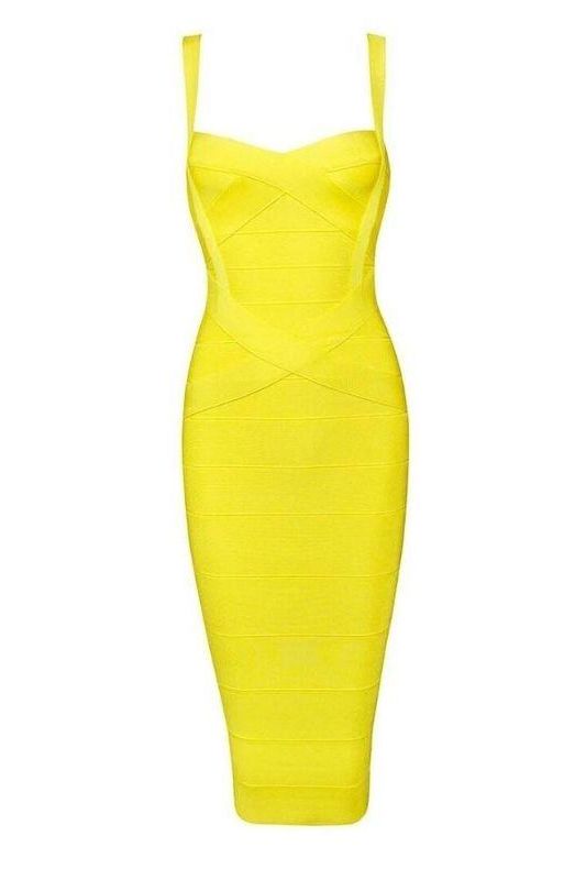 Woman wearing a figure flattering  Heidi Bandage Midi Dress - Sun Yellow Bodycon Collection