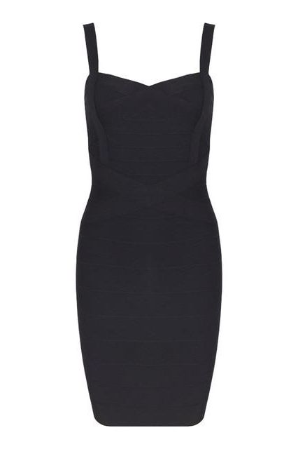 Woman wearing a figure flattering  Heidi Bandage Mini Dress - Classic Black Bodycon Collection