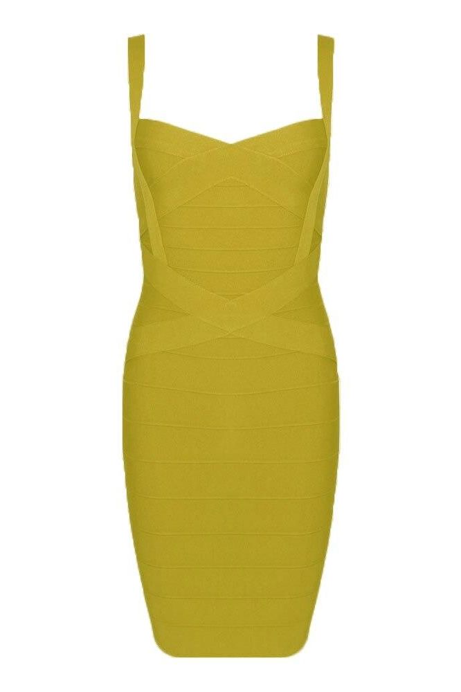 Woman wearing a figure flattering  Heidi Bandage Mini Dress - Olive Green Bodycon Collection