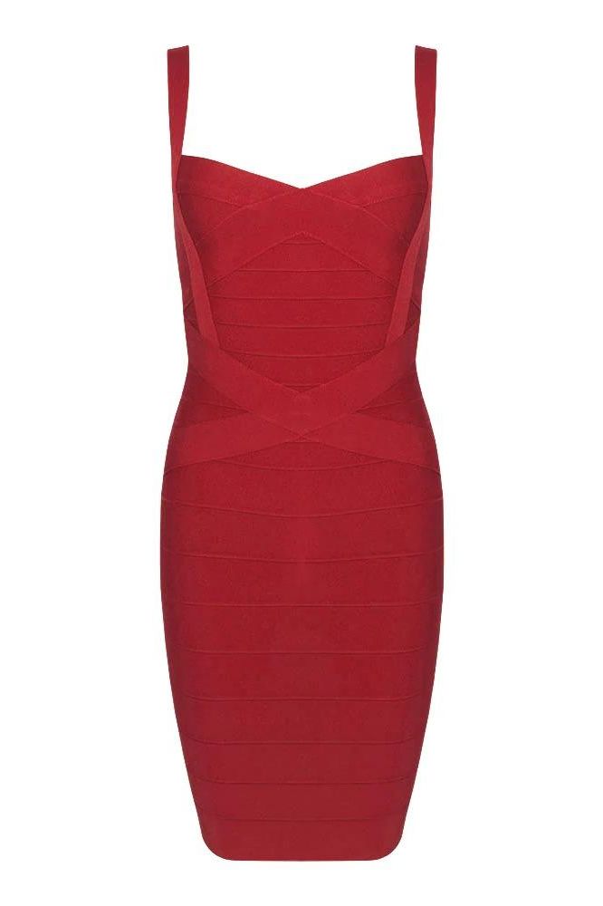 Woman wearing a figure flattering  Heidi Bandage Mini Dress - Red Wine Bodycon Collection