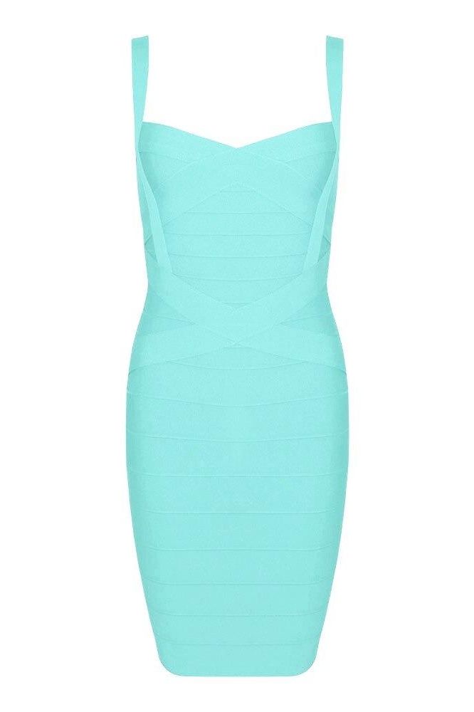 Woman wearing a figure flattering  Heidi Bandage Mini Dress - Sky Blue Bodycon Collection