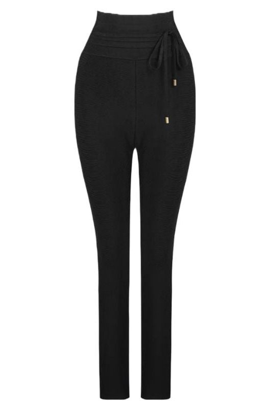 Woman wearing a figure flattering  High Waist Bandage Jumpsuit Pant - Classic Black BODYCON COLLECTION