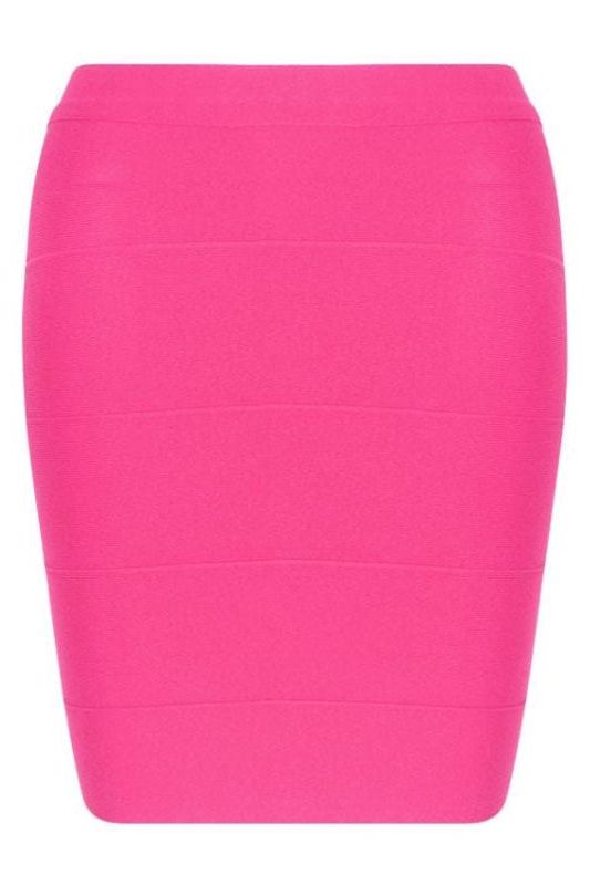 Woman wearing a figure flattering  High Waist Bandage Striped Mini Skirt - Hot Pink BODYCON COLLECTION