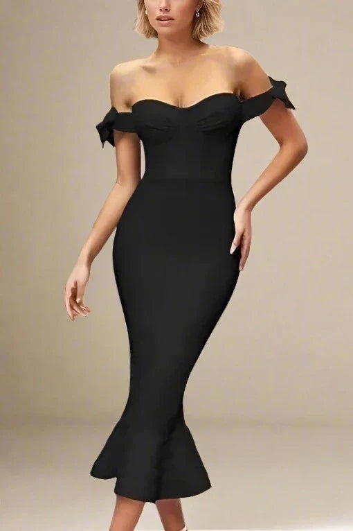 Woman wearing a figure flattering  Hunter Bandage Midi Dress - Classic Black BODYCON COLLECTION