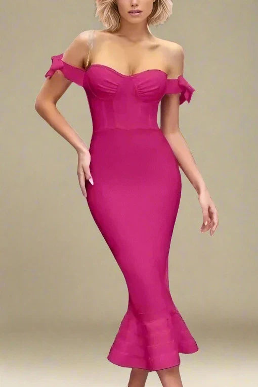 Woman wearing a figure flattering  Hunter Bandage Midi Dress - Magenta BODYCON COLLECTION