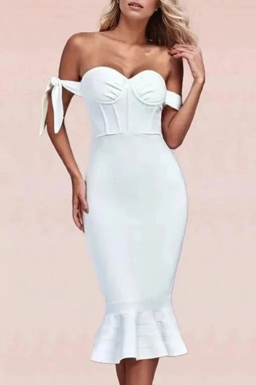 Woman wearing a figure flattering  Hunter Bandage Midi Dress - Pearl White BODYCON COLLECTION