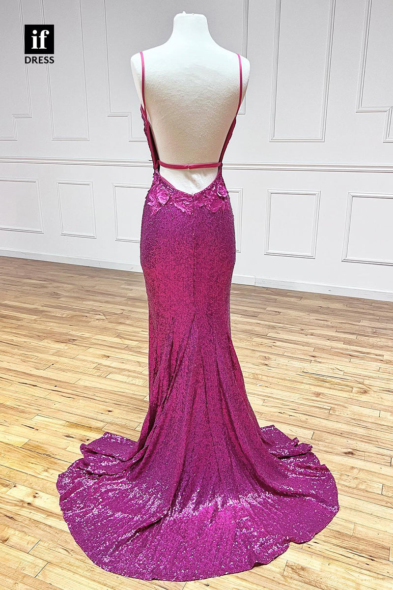 34075 - Plunging V-Neck 3D Appliques Sparkly Prom Dress with Slit