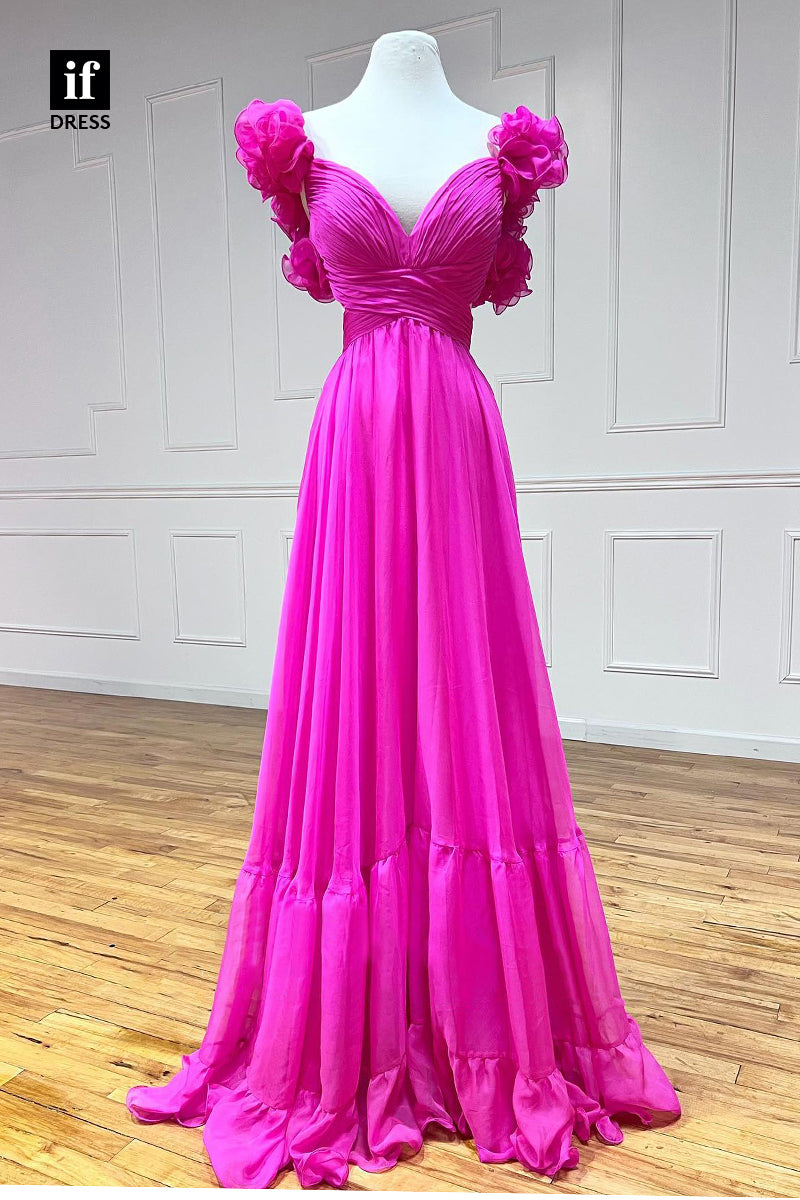 34076 - A Line V-Neck Ruffles Pleated Pink Long Prom Evening Dress