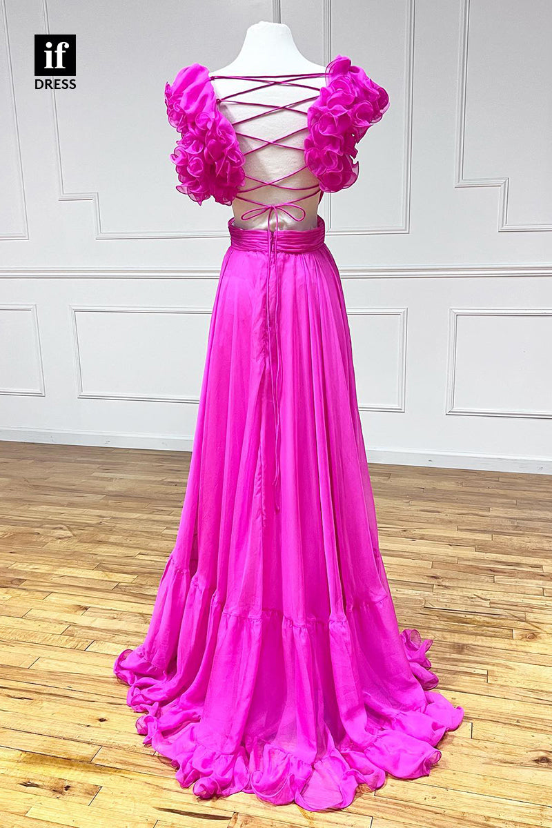 34076 - A Line V-Neck Ruffles Pleated Pink Long Prom Evening Dress