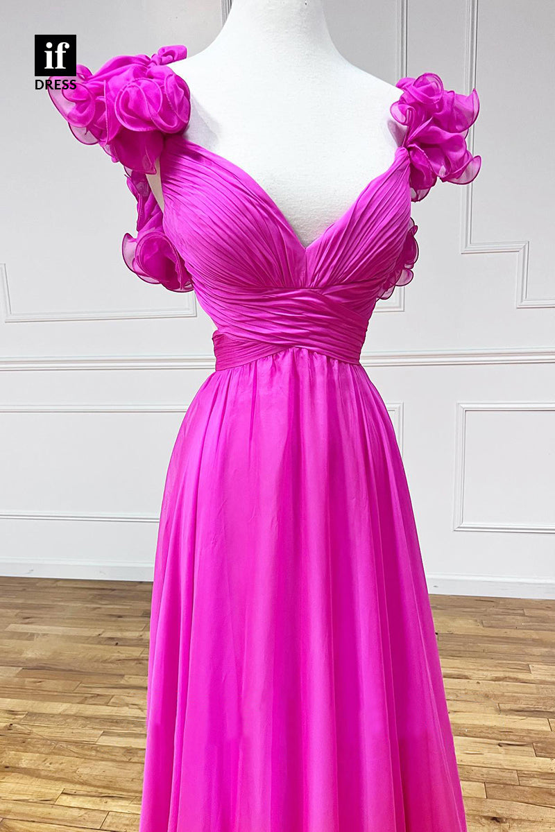 34076 - A Line V-Neck Ruffles Pleated Pink Long Prom Evening Dress