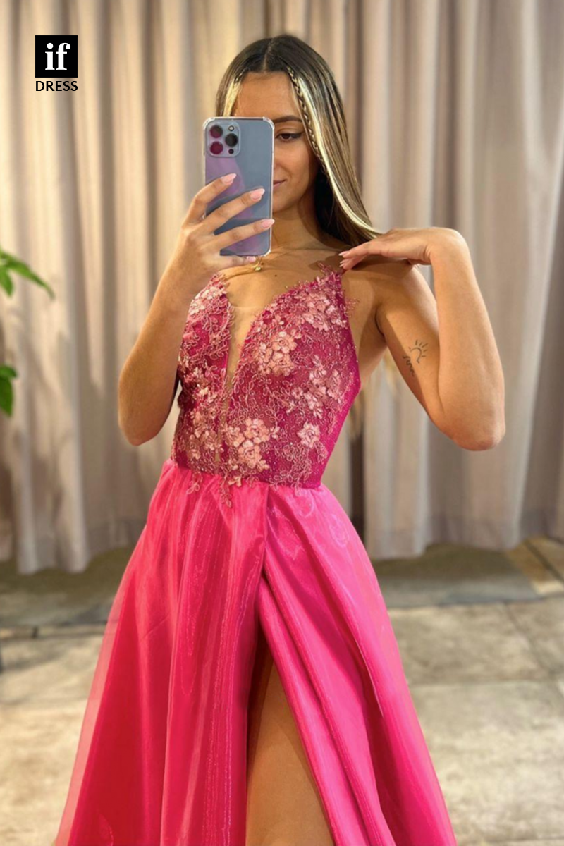 34081 - A Line V-Neck Lace Appliques Pink Long Prom Dress with Slit