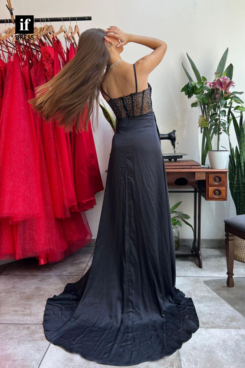 34088 - Sexy V-Neck Pleats Black A-Line Long Prom Dress with Slit