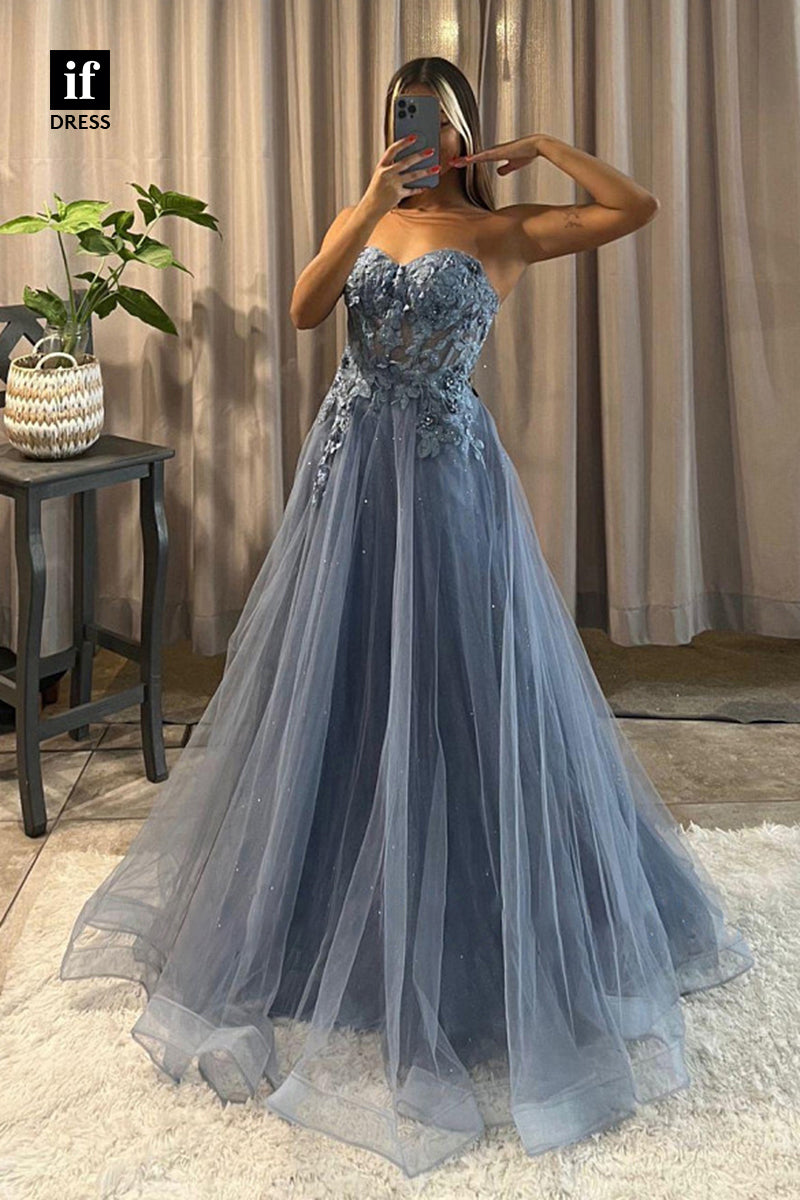 34092 - A Line Strapless Sweetheart Lace Appliques Sleeveless Long Prom Dress