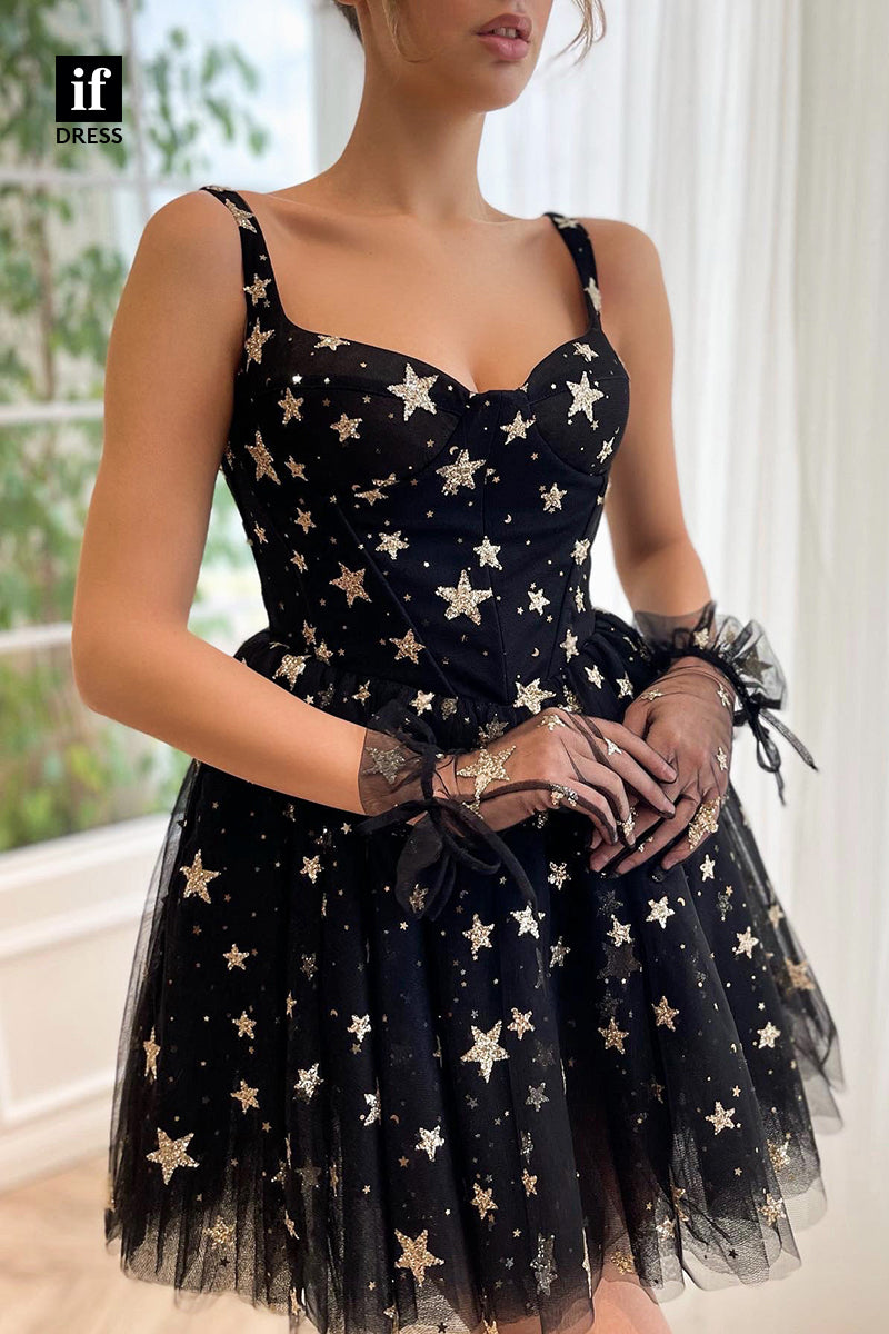 32891 - Spaghetti Straps Star Tulle Black Homecoming Dress