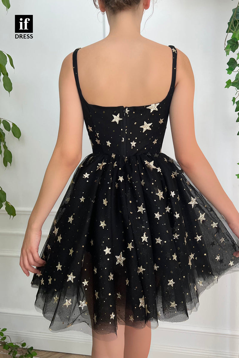 32891 - Spaghetti Straps Star Tulle Black Homecoming Dress