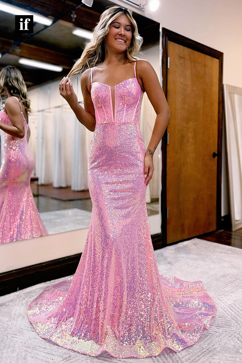 33854 - Sparkly Spaghetti Straps Sweetheart Sequined Column Prom Formal Dress