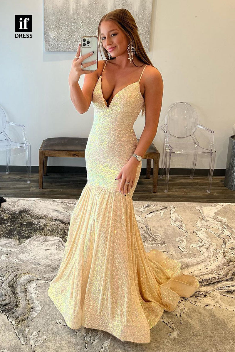 33866 - Sexy Spaghetti Straps V-Neck Sparkly Prom Formal Dress