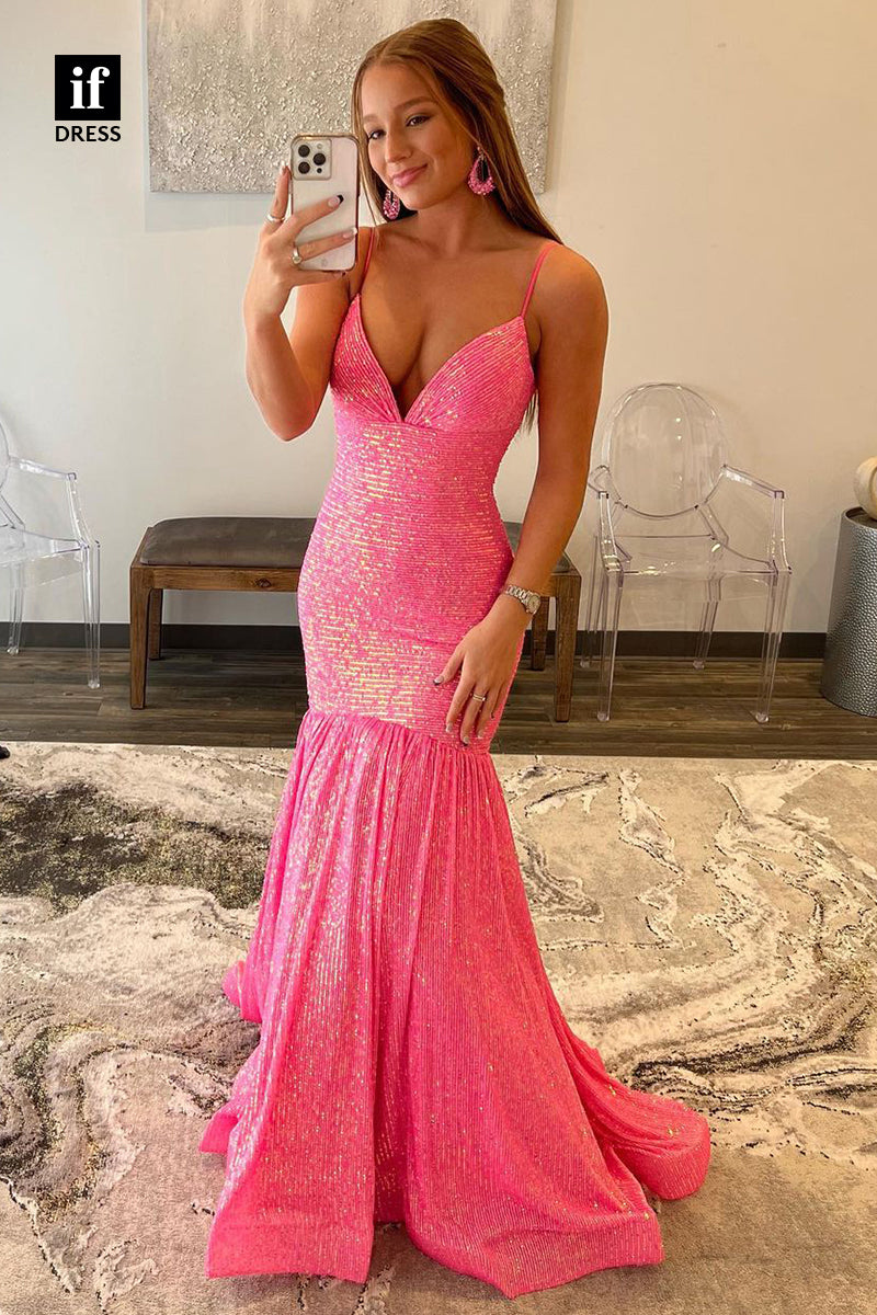 33866 - Sexy Spaghetti Straps V-Neck Sparkly Prom Formal Dress