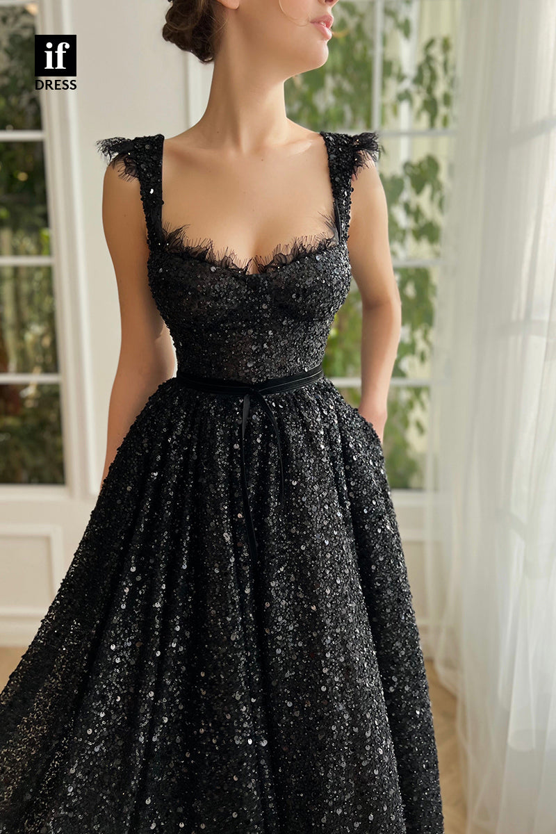 34003 - A-Line Double Straps Sweetheart Sequined Prom Formal Dress