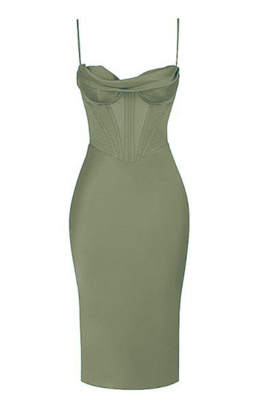 Woman wearing a figure flattering  Indi Bodycon Dress - Olive Green BODYCON COLLECTION