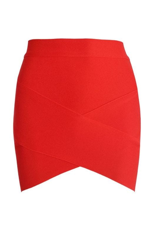 Woman wearing a figure flattering  Jay High Waist Bandage Mini Skirt - Lipstick Red BODYCON COLLECTION