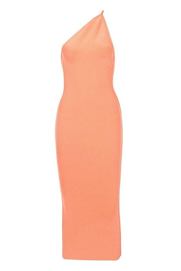 Woman wearing a figure flattering  Joi Bodycon Midi Dress - Peach Bodycon Collection