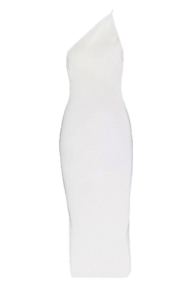 Woman wearing a figure flattering  Joi Bodycon Midi Dress - Pearl White Bodycon Collection