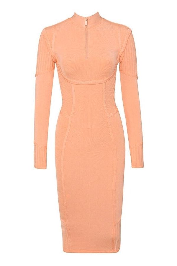 Woman wearing a figure flattering  Jordan Long Sleeve Bodycon Dress - Peach Bodycon Collection