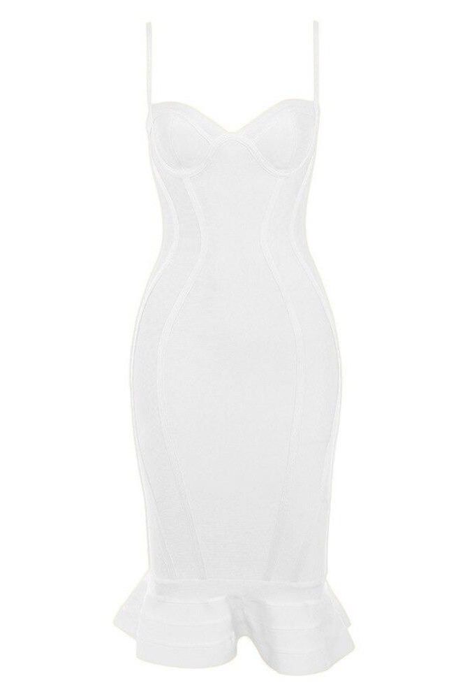 Woman wearing a figure flattering  Joy Bandage Midi Dress - Pearl White Bodycon Collection