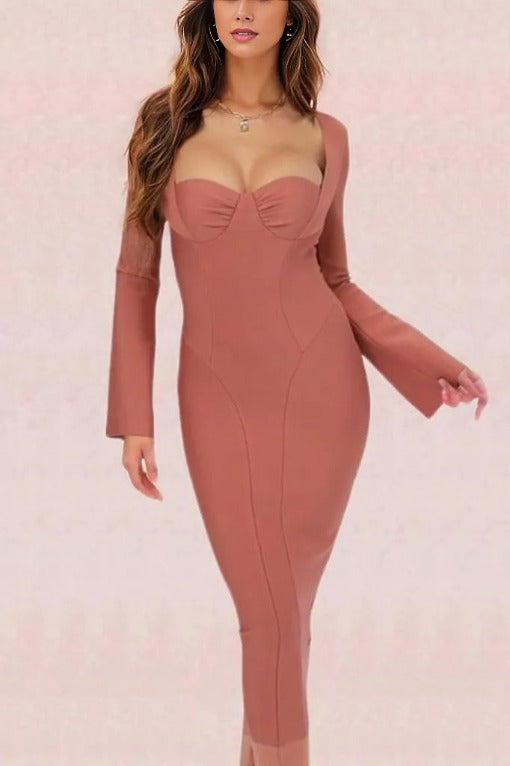 Jules Long Sleeve Midi Bandage Dress - Watermelon Pink