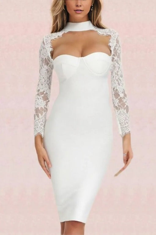 Woman wearing a figure flattering  Kailey Long Sleeve Bandage Dress - Pearl White BODYCON COLLECTION