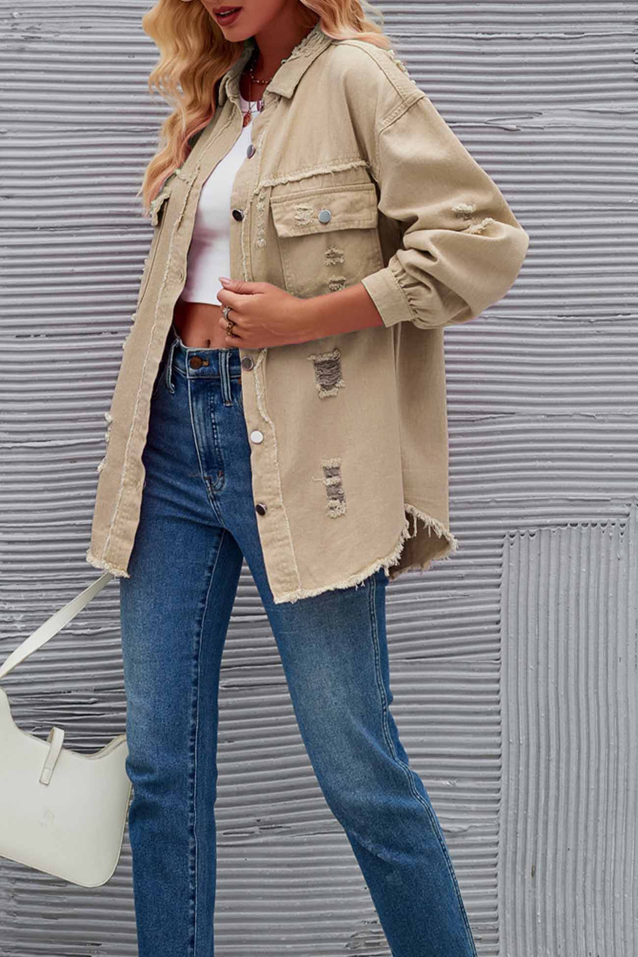 Washed Long Sleeve Ripped Tassels Denim Jacket