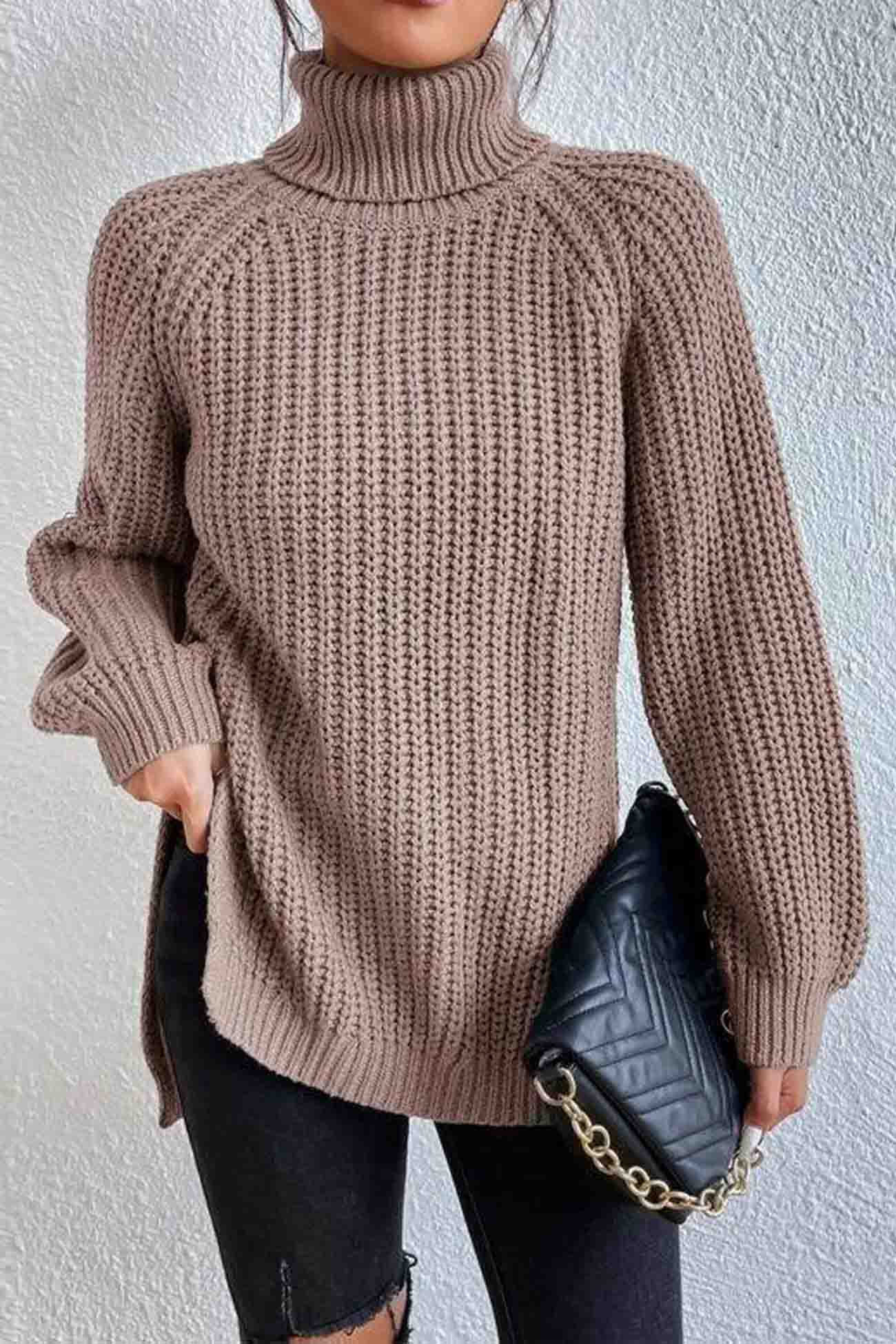 Raglan Sleeve Turtleneck Slit Mid-Length Sweater