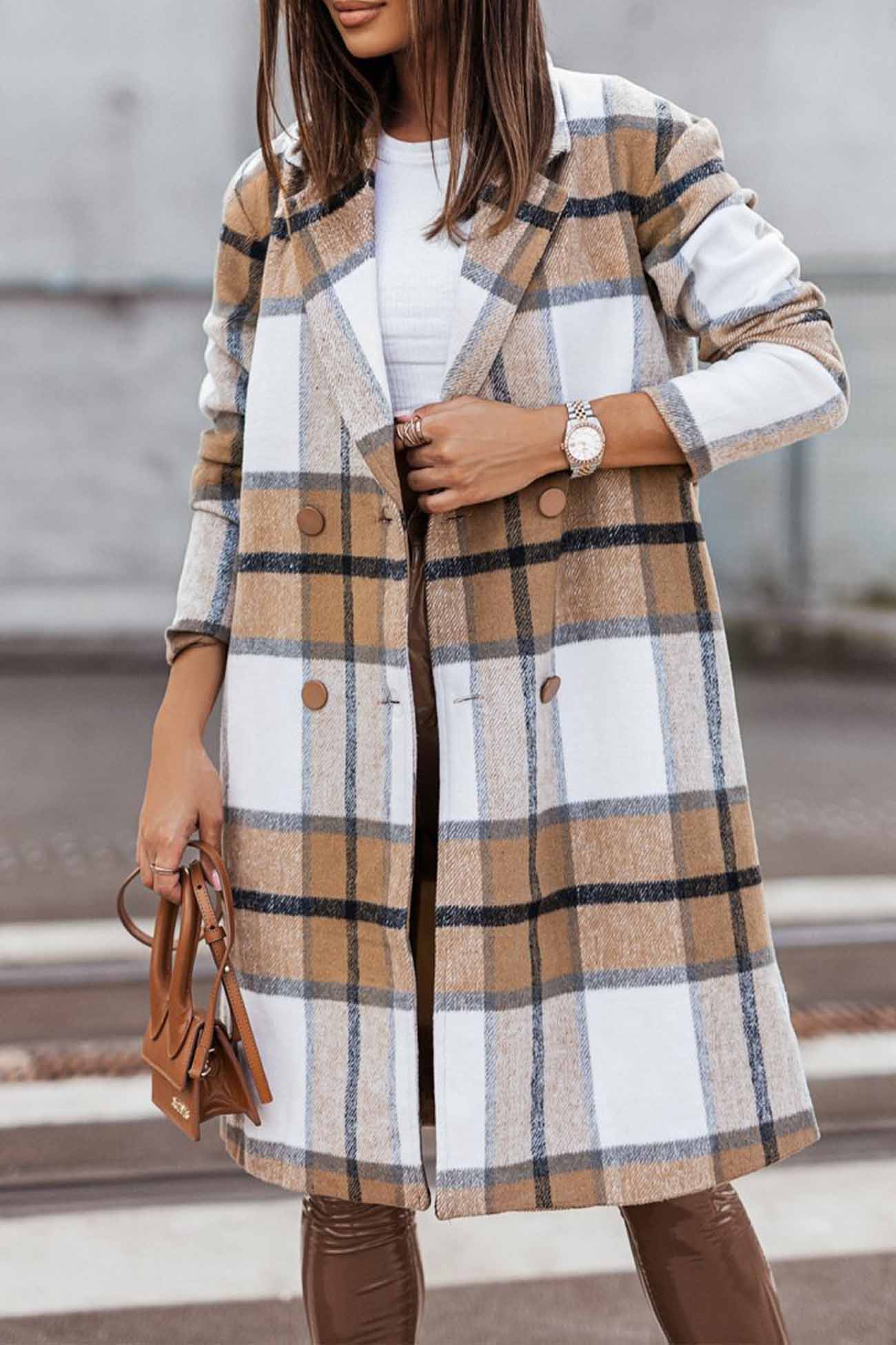 Lapel Double Breasted Multi Plaid Jacket