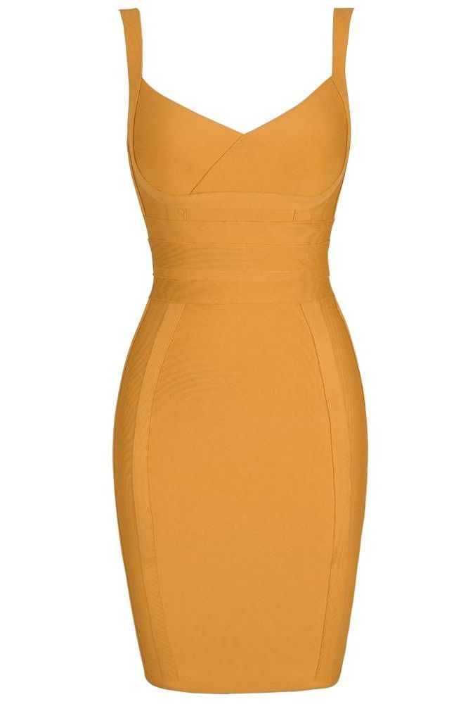 Woman wearing a figure flattering  Kit Bandage Dress - Apricot Orange Bodycon Collection