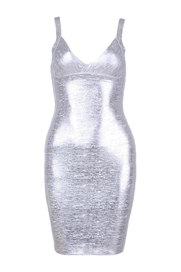 Woman wearing a figure flattering  Kit Bandage Dress - Silver Bodycon Collection