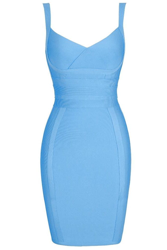 Woman wearing a figure flattering  Kit Bandage Dress - Sky Blue Bodycon Collection