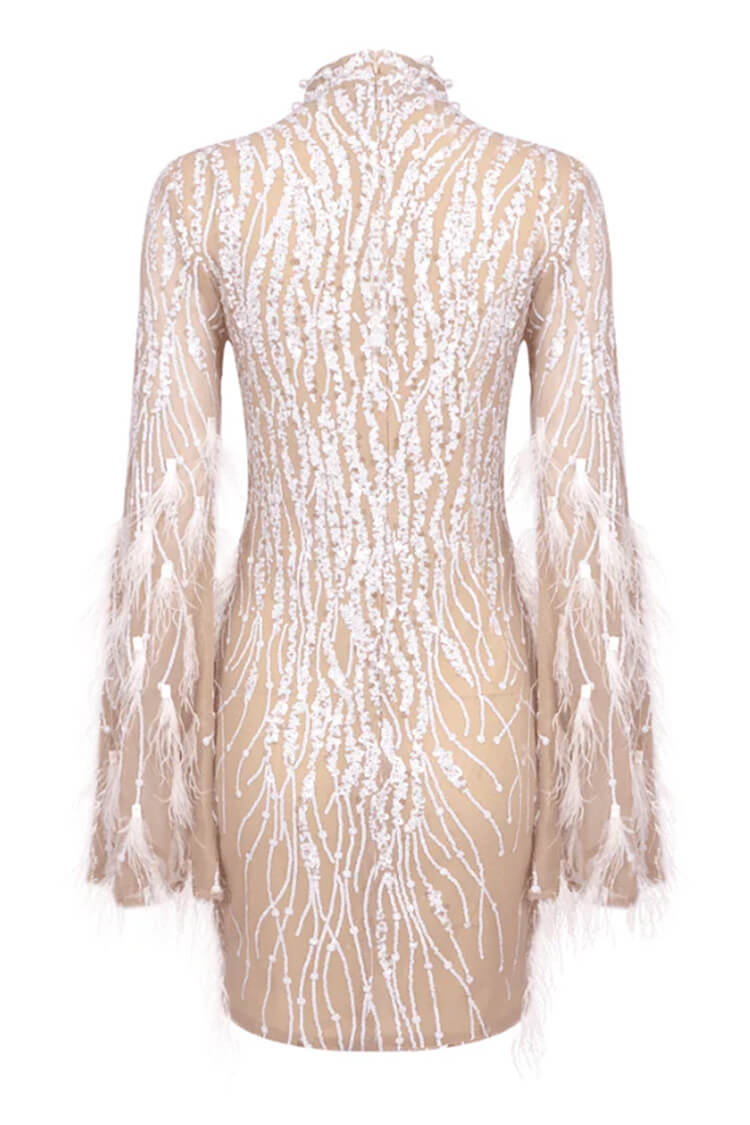 Lavish Feather Beaded Mock Neck Sheer Mesh Sequin Party Mini Dress