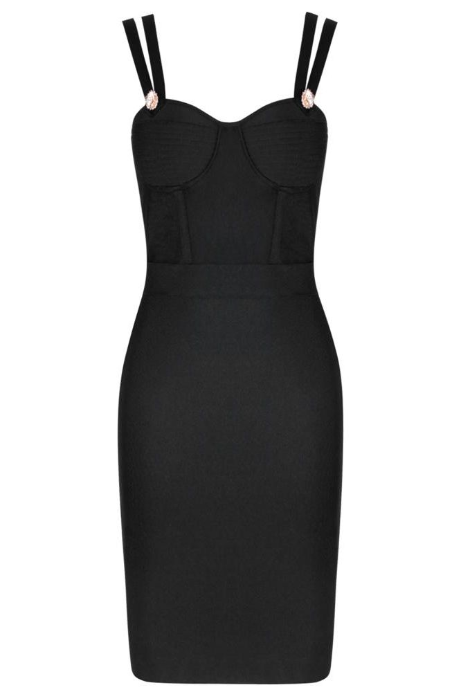 Woman wearing a figure flattering  Kate Bandage Dress - Classic Black Bodycon Collection