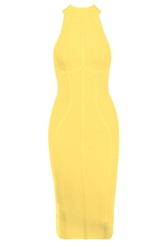 Woman wearing a figure flattering  Lea Bandage Midi Dress - Mustard Yellow Bodycon Collection