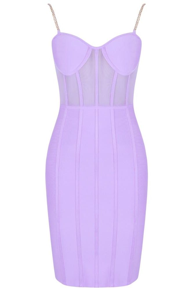 Woman wearing a figure flattering  Leah Bodycon Dress - Violet Bodycon Collection