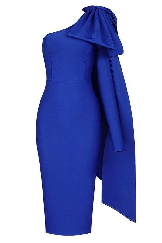 Woman wearing a figure flattering  Lela Long Sleeve Bandage Midi Dress - Royal Blue BODYCON COLLECTION