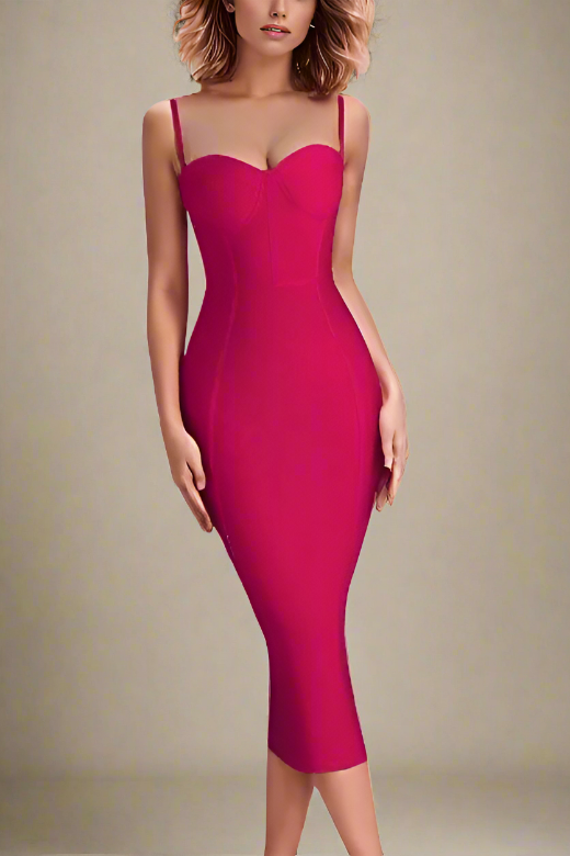 Woman wearing a figure flattering  Lina Bandage Midi Dress - Magenta Pink BODYCON COLLECTION