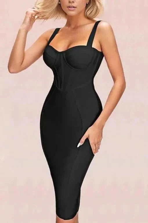 Woman wearing a figure flattering  Lola Bodycon Midi Dress - Classic Black BODYCON COLLECTION