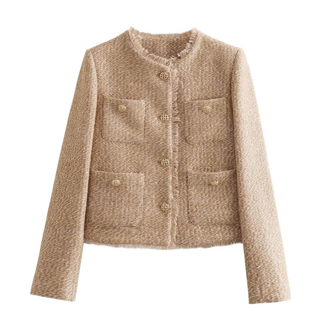 Luxury Crew Neck Button Up Patch Pocket Long Sleeve Crop Tweed Jacket