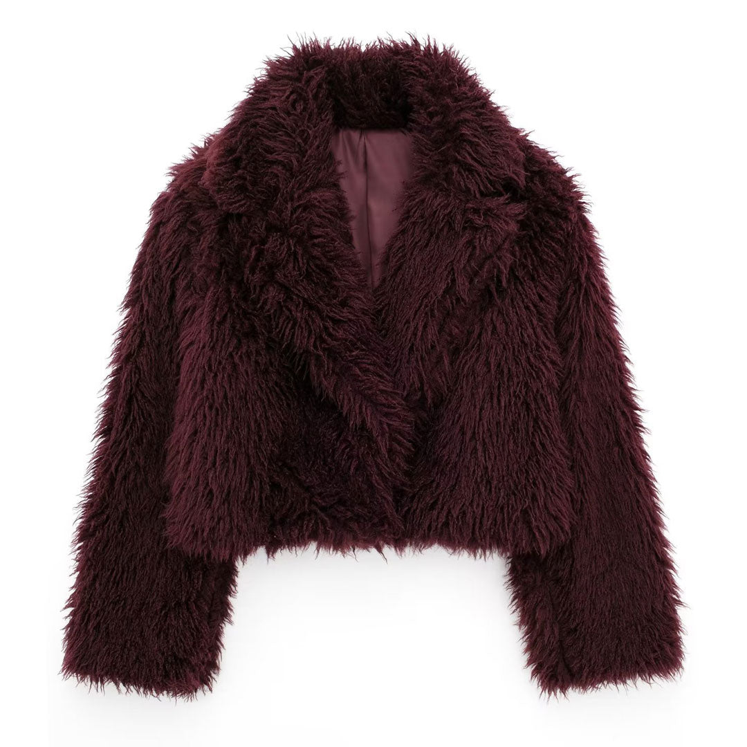 Luxury Lapel Collar Long Sleeve Oversized Cropped Plush Faux Fur Jacket