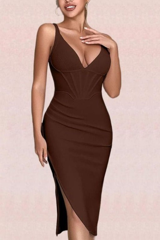 Woman wearing a figure flattering  Maddi Bandage Dress - Tan Brown BODYCON COLLECTION